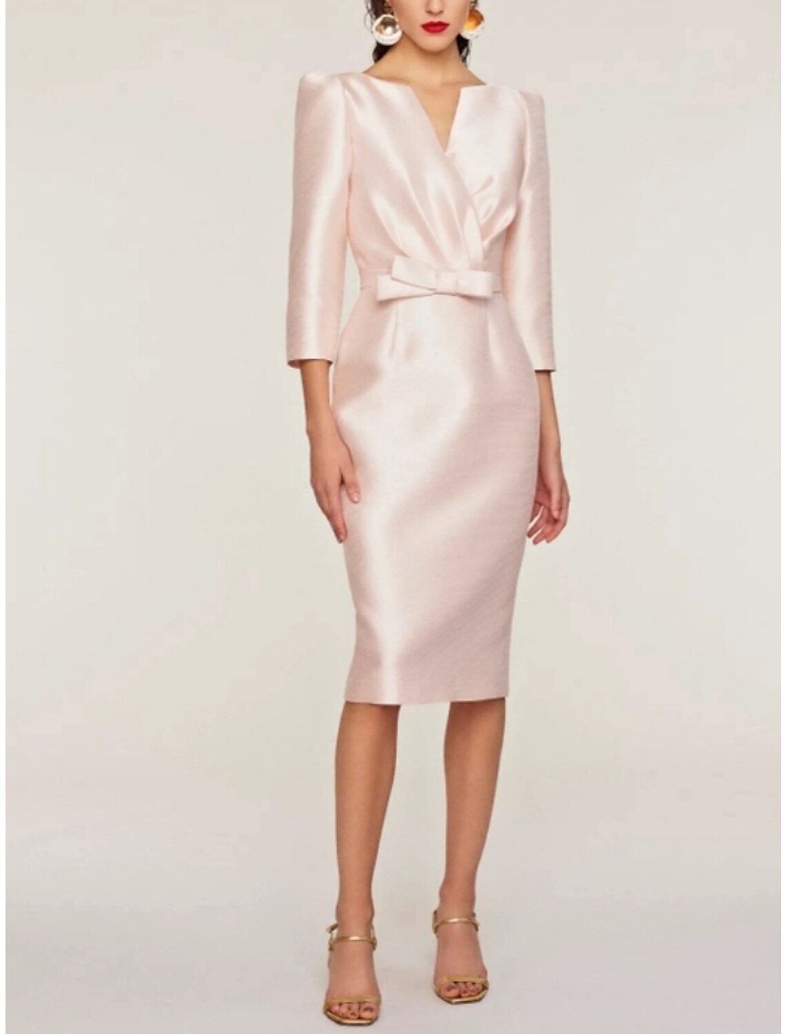 Wholesale A-Line Mother of the Bride Dress Wedding Guest Elegant Petite V Neck Knee Length Satin 3/4 Length Sleeve with Bow(s) Split Front Ruching